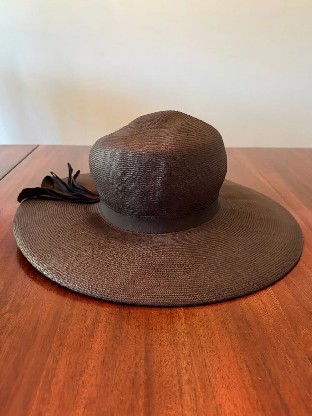 Vintage Miss Eileen Black Straw Hat Wide Brim 1970s Ribbon Derby Sun Hat